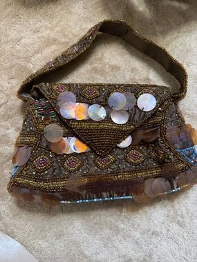 Brown Beaded Sequin Mini Shoulder Bag
